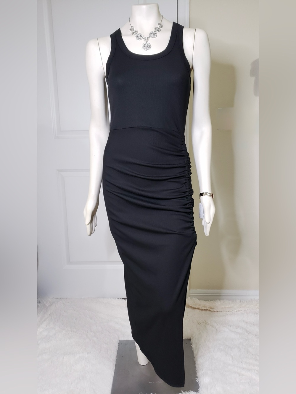 CHICME Womens Black Ruched Tank Maxi Dress Size Medium Sleeveless